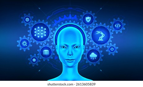 AI chatbot. AI assistant with cyborg woman head surrounded by connected gears and technology icons. AI agent. Concept of artificial intelligence, automation, and machine learning. Vector illustration.