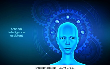 AI chatbot. AI assistant with cyborg woman head surrounded by connected gears and technology icons. AI agent. Concept of artificial intelligence, automation, and machine learning. Vector illustration.