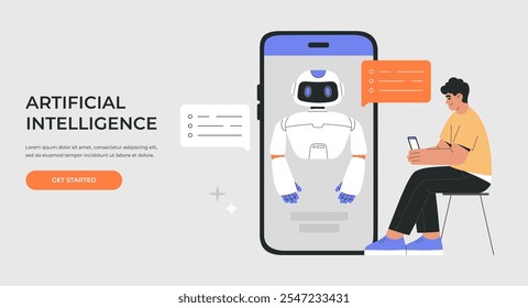 AI chatbot assistant and man communication concept, human uses online Artificial Intelligence customer service, virtual business help via phone. Flat vector illustration for web design or landing page