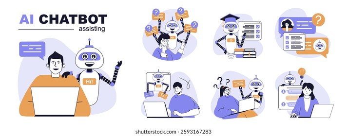 AI chatbot assisting concept set in flat web design. People in isolated scenes talking with artificial intelligence advisers, searching and getting answers, connecting with bots. Vector illustrations.