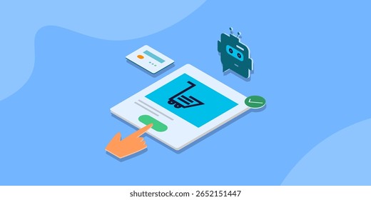 AI chatbot ajudando os clientes a encontrar e comprar produtos em um site de comércio eletrônico conceito isométrico.