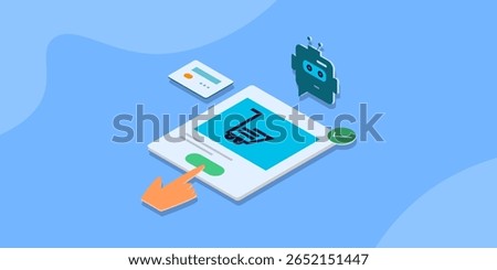 AI chatbot assisting customers in finding and purchasing products on an eCommerce website isometric concept.