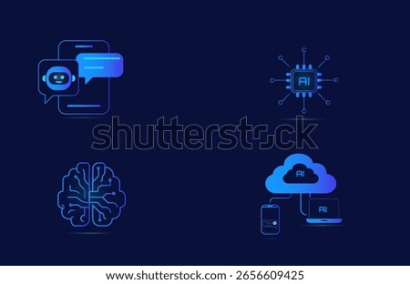  AI Chatbot, Chip Ai, Neural Brain Network ,Cloud Service Icons – Smart Virtual Assistant Pack