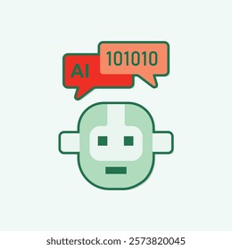 AI chatbot communication concept with robot head and speech bubbles expressing AI and binary