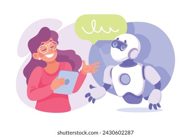 Ai Chatbot Communication with Woman with Tablet Vector Illustration