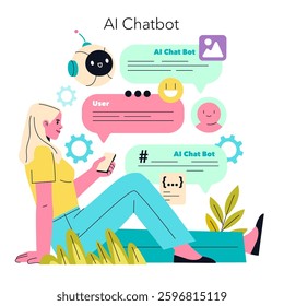 AI Chatbot concept. A person interacts with an AI chatbot, showcasing modern communication. Highlights user interface, social interaction with technology. Engaging and accessible design for tech