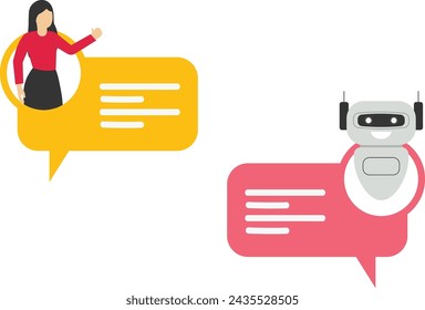 Ai chatbot y el concepto de servicio al cliente. hombre hablando con chatbot en la pantalla grande del smartphone. Chat bot asistente virtual a través de mensajería. atención al cliente. Ilustración aislada del vector