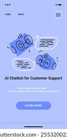 AI Chatbot for Customer Support concept features cartoon robots with speech bubbles on a blue background. Mobile app interface in minimalist doodle style