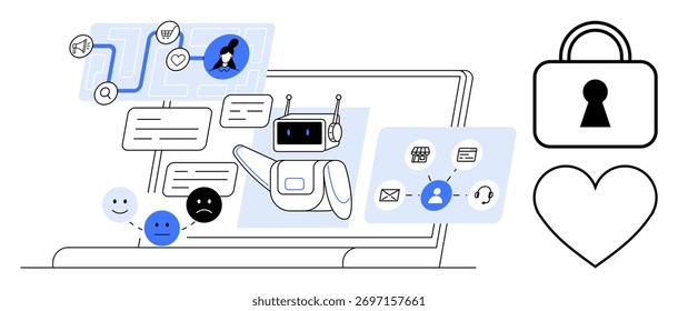 AI chatbot engaging users with messages and emoticons while interacting via various communication icons. Lock and heart icons signify security and user satisfaction. Ideal for tech, AI