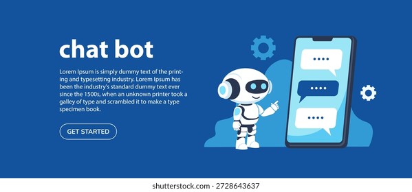 Assistente amigável de chatbot AI. Bonito bate-papo futurista ao lado do smartphone. Robô assistente de voz amigável. Montagem de banner de vetor.