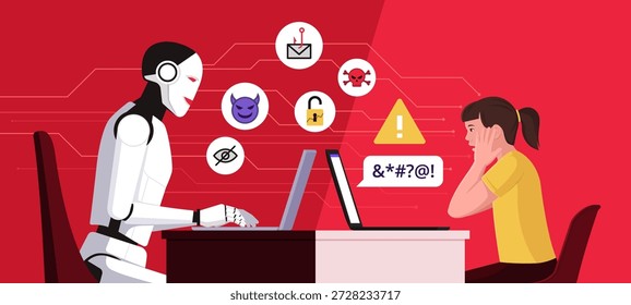 AI-Chatbot, der einem kleinen Kind schadet, starrt das schockierte Mädchen auf ihren Computerbildschirm: Online-Schutz für Kinder und Gefahren