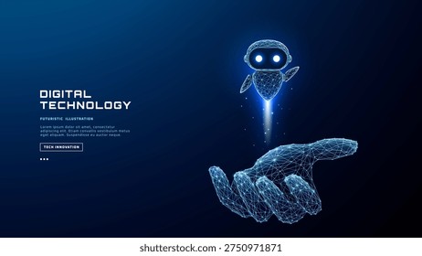 AI chatbot hologram floating above human hand. Cute robot assistant with friendly face represents digital support technology and futuristic communication concept. Polygonal blue vector illustration.