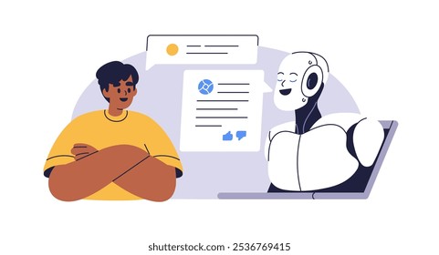 I chatbot e conversação humana. Conceito de tecnologia de comunicação. Inteligência artificial, robô assistente de serviço, apoio. Bota de bate-papo digital. Ilustração de vetor plano isolada no plano de fundo branco