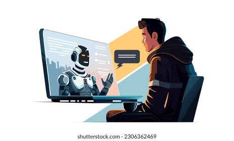 AI Chatbot, Human using and chatting artificial intelligence chatbot by computer laptop. AI chatbot conversation assistant concept, Flat graphic vector illustration on white background