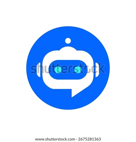 AI Chatbot Icon – Clean Blue Circle with Robot Head and Antenna, Flat Minimal Logo for Tech, SaaS, Help Center, Live Chat and Virtual Assistant Branding