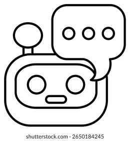 Icono de chatbot AI representado por la cabeza del robot, estilo de línea de chat de burbujas.