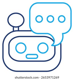 Icono de chatbot AI representado por cabeza de robot, estilo de chat de burbujas Dual Line.