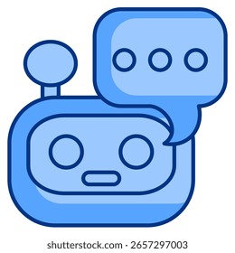 Icono de chatbot AI representado por cabeza de robot, chat de burbujas estilo azul.