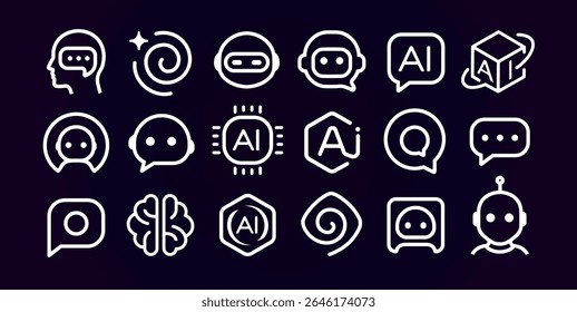 AI chatbot icon set with brain, robot, chip, speech, circuit, assistant symbols. Outline linear design for smart tech, neural networks, UI, machine learning, futuristic apps. Vector illustration.