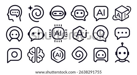 AI Chatbot icons set, smart assistant, linear Brain, Minimal Chip sign, Speech stylised emblem. Robot head logo. Tech symbols in outline style for UI, apps, software. Vector illustration