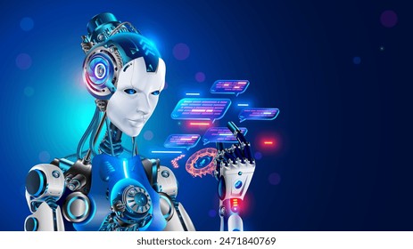 AI chatbot in image robot or cyborg holding in hand message bubbles. Online AI chat bot talk through messenger with user. Technical support bot, internet assistance with artificial intelligence or AI