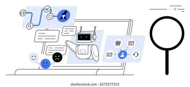 AI chatbot interagindo com usuários on-line através de vários canais de comunicação em uma tela de laptop, acompanhado por emoticons e ícones de pesquisa. Ideal para atendimento ao cliente, tecnologia, IA, digital