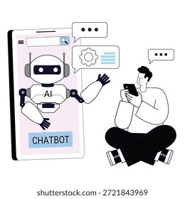 AI Chatbot Interaction: A person engages with an intelligent virtual assistant via smartphone, showcasing seamless communication and user-friendly interface design in modern tech applications.