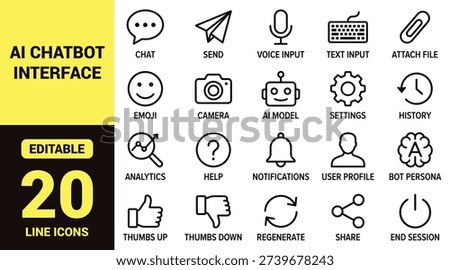 AI chatbot interface icon set with chat, send, voice input, text input, emoji, camera, analytics, notifications, bot persona, regenerate, smart reply, and essential artificial intelligence ranking symbols in line‑art style