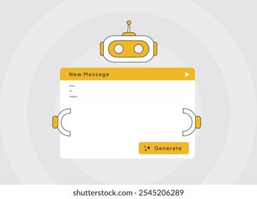 AI chatbot interface illustration, showing automated message generation. Robot icon with text fields for creating responses, highlighting chatbot technology and conversational AI for customer support