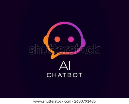 AI chatbot logo with cute robot face inside speech bubble, glowing gradient style. Great for customer support bots, smart virtual assistants, tech branding. Vector illustration.