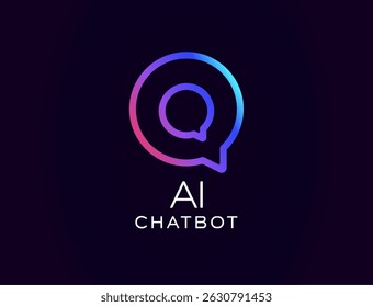 AI chatbot logo with layered chat bubbles and gradient glow, symbolizing smart conversation. Ideal for messaging apps, customer support tools, virtual assistants. Vector illustration.
