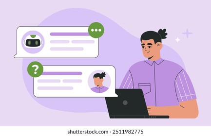 AI chatbot and man communication, human is using Artificial Intelligence online support, user messaging via laptop with smart robot assistant. Flat vector illustration on isolated purple background