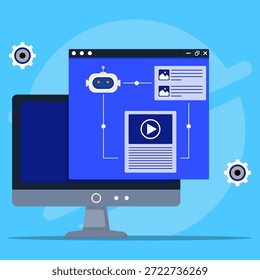 AI chatbot gerenciando conteúdo digital na tela do computador. Mostrando o fluxo de trabalho automatizado com artigos, imagens e vídeo. Representando inteligência artificial, automação inteligente e tecnologia web moderna