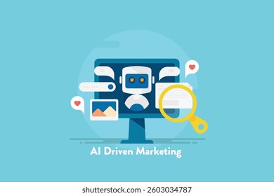 AI chatbot managing digital marketing campaign, AI chat bot writing content for website, blog and social media, AI generating images, Sending reply messages - vector illustration.