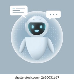 AI Chatbot Mascot. Robô com balão de fala. Inicialização do assistente inteligente virtual. Conceito de assistente pessoal. Aprendizagem de máquina, Rede neural