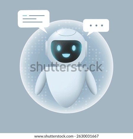 AI Chatbot Mascot. Robot with speech bubble. Virtual smart assistant bot. Personal assistant concept. Machine learning, Neural network