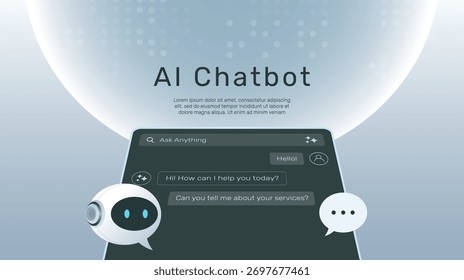 AI Chatbot en pantalla móvil. Robot con burbuja de discurso. Concepto de interfaz de chat. Concepto de asistente personal. Aprendizaje automático, Asistente virtual App de conversación Vector de interfaz