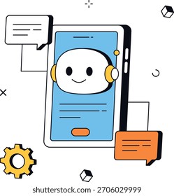 AI chatbot está en una pantalla móvil con cuadros de chat alrededor. Asistencia de chatbots a través de la inteligencia artificial. Ilustración vectorial plana isométrica.