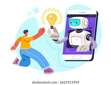 AI chatbot online and human. Man uses artificial intelligence to get innovative idea. Digital technologies