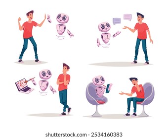 Un chatbot. Personas Conversación con el sistema inteligente de inteligencia artificial Chatbot Concepto de Vector exacto Imágenes en estilo de dibujos animados