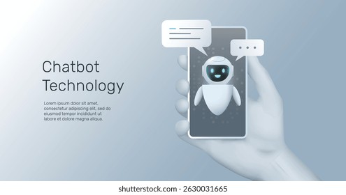 AI Chatbot com telefone na mão. Robô com balão de fala. Inicialização do assistente inteligente virtual. Conceito de assistente pessoal. Aprendizagem de máquina, Rede neural, fundo de inovação de inteligência artificial.