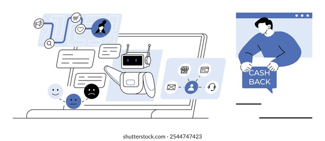 AI chatbot providing digital customer support on laptop, with various icons for email, messages, and satisfaction levels. Ideal for online customer service, AI technology, user feedback, ecommerce