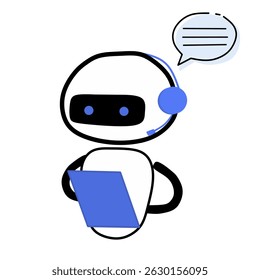 AI chatbot robot con auriculares y portátil que proporciona Servicio al cliente. Ilustración vectorial de asistente de IA con burbuja de discurso. Perfecto para temas de tecnología, Asistencia y comunicación.