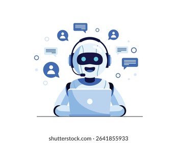AI Chatbot Robot with Headset Providing Online Customer Support, AI-Powered Customer Service Revolutionizing Support with Chatbots