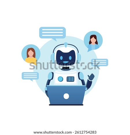 AI Chatbot Robot with Laptop and Users – Flat Vector Illustration of Artificial Intelligence Customer Support and Online Communication