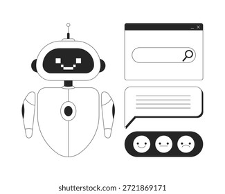 AI chatbot con barra de búsqueda e interfaz de Comentarios Conjunto de objetos de línea 2D. Cliente bot, emoticonos, burbuja de chat aislado Clipart Vector tinta elementos de contorno. Ilustraciones de punto monocromo colección