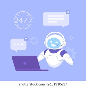 Serviço de bate-papo de IA para suporte ao cliente. Inteligência artificial para ajudar os clientes por 24 horas. Atendimento ao cliente, call center, linha direta, tecnologia de suporte ao cliente. Ilustração de vetor plano.