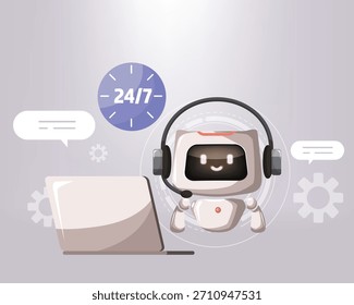 Serviço de bate-papo de IA para suporte ao cliente. Inteligência artificial para ajudar os clientes por 24 horas. Atendimento ao cliente, call center, linha direta, tecnologia de suporte ao cliente. Ilustração de vetor plano.