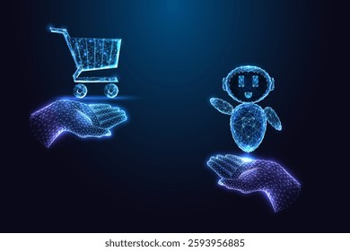 AI chatbot and shopping cart in glowing hands representing automated e-commerce, digital retail, and AI-driven shopping. Futuristic online marketplace and customer service concept. Vector illustration