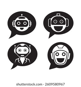 AI Chatbot Silhouette Vector Icon Set – Collection of Four Robot Chat Bubble Icons Representing Virtual Assistant, Artificial Intelligence, Customer Support, and Machine Learning Communication